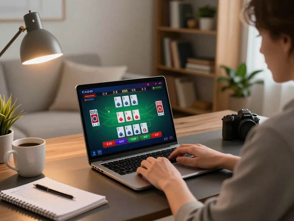 Engaging online blackjack action at home with ku win strategies, player focused on laptop screen.