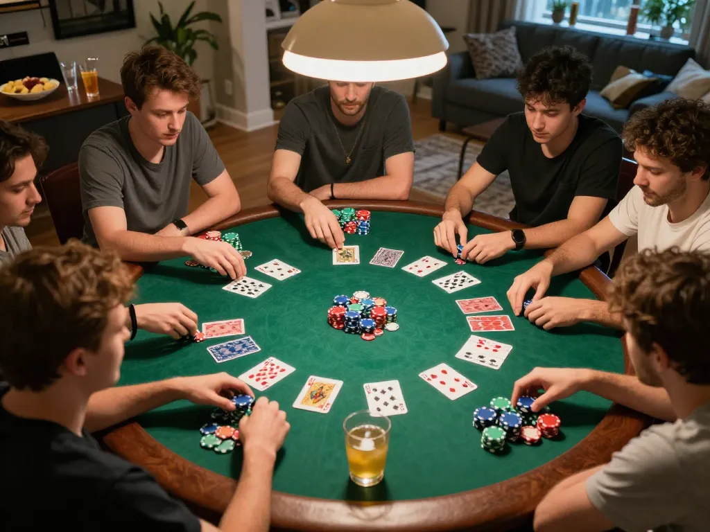 Engaging poker night at home with friends focusing on gameplay at 98win.