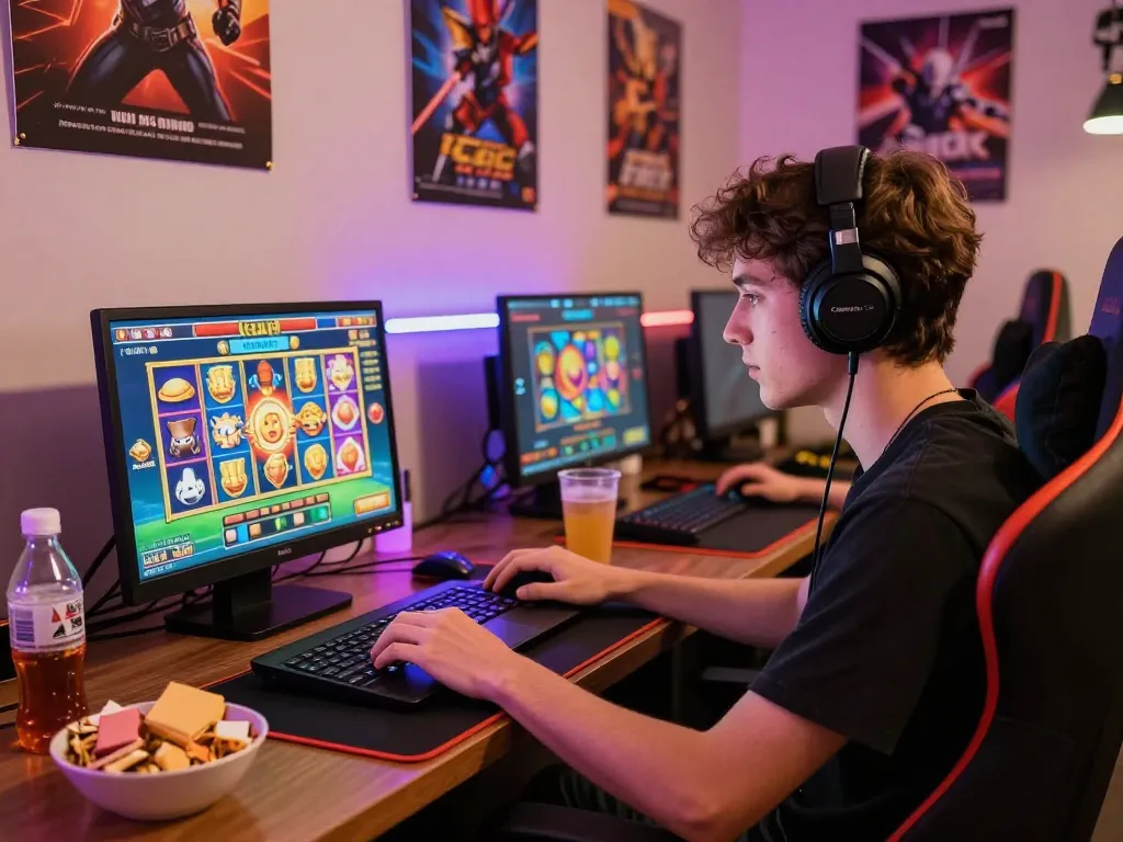 Person enjoying zeus138 online slot games on a laptop in a vibrant gaming setup.