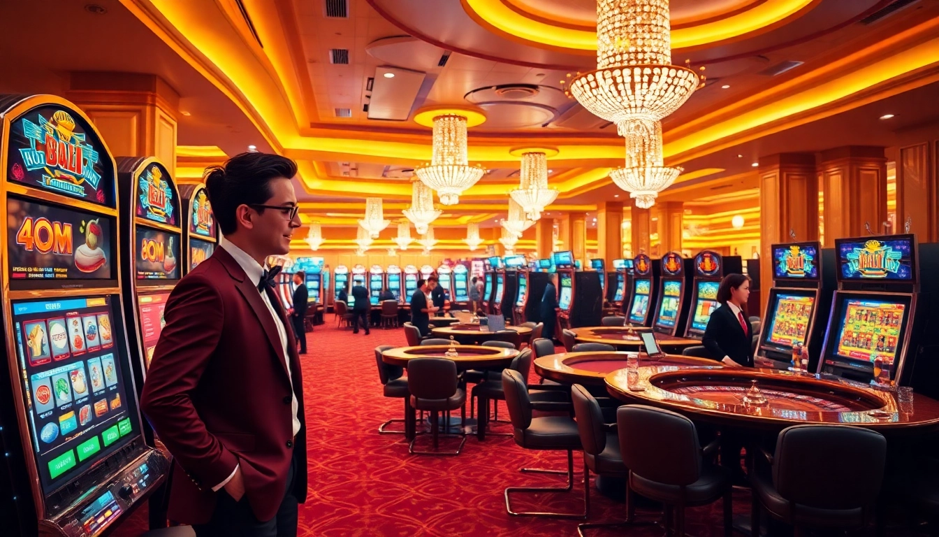 Experience the excitement of idnslot gaming with vibrant casino visuals of slot machines and roulette tables.