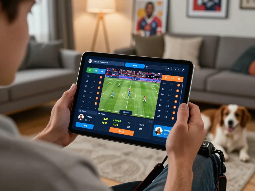 Engaging sports betting action with okfun app displayed on tablet, showcasing live event odds and dynamic gameplay.