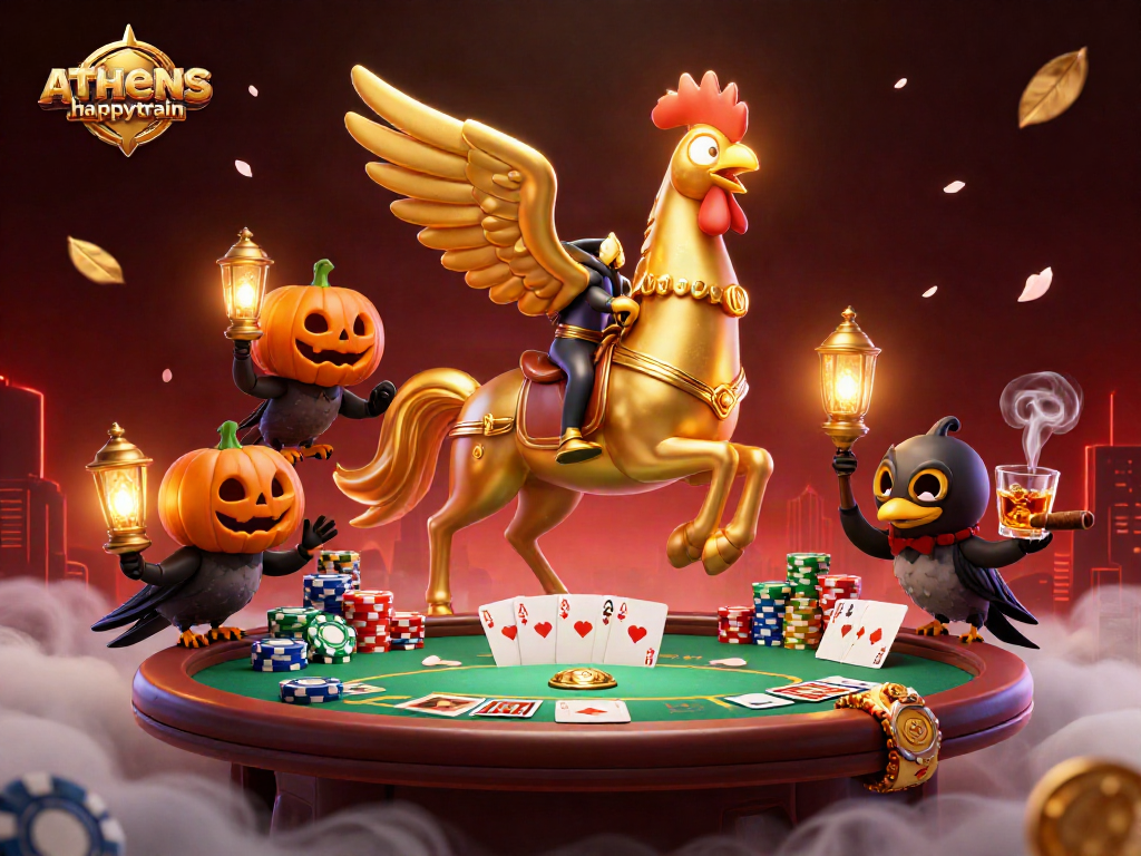 Experience the thrill of athenshappytrain with golden characters in a vibrant casino scene.