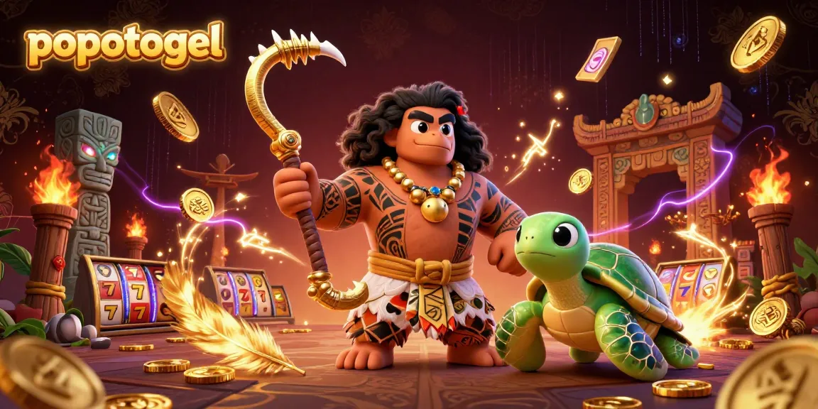 Experience the thrill of popotogel with a dynamic scene of a demigod hawk and moana-style turtle in a bustling casino atmosphere.