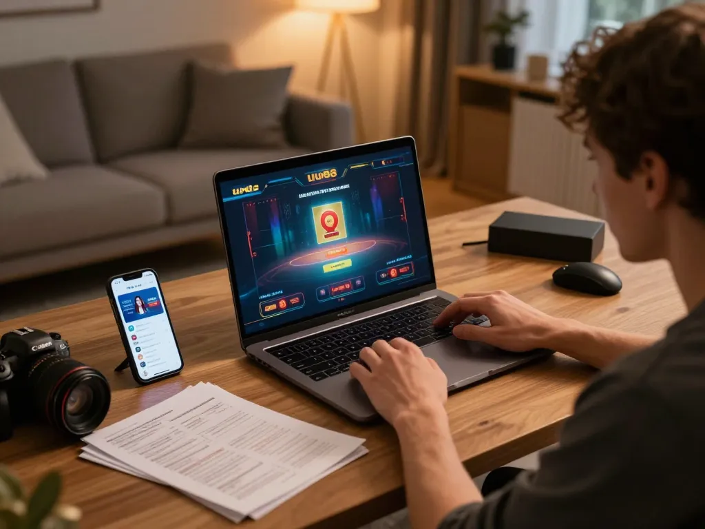 Engaging in strategic gameplay on uu88 app during online casino session at home.