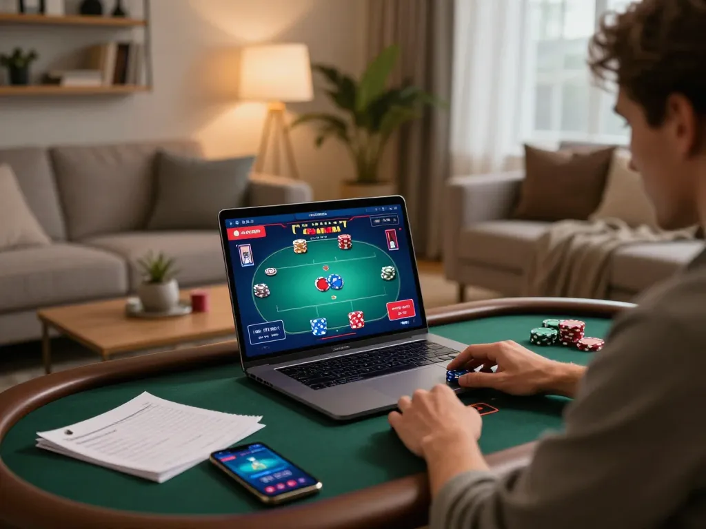 uu88 player strategizing during an online poker game with engaging visuals on laptop screen