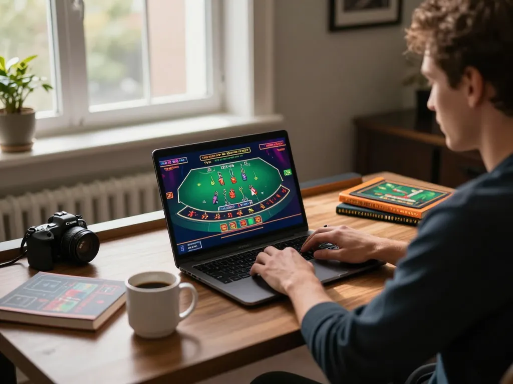 Engaged player utilizing ho88 platform on a laptop showcasing a live blackjack game, illustrating a strategic online gaming environment.