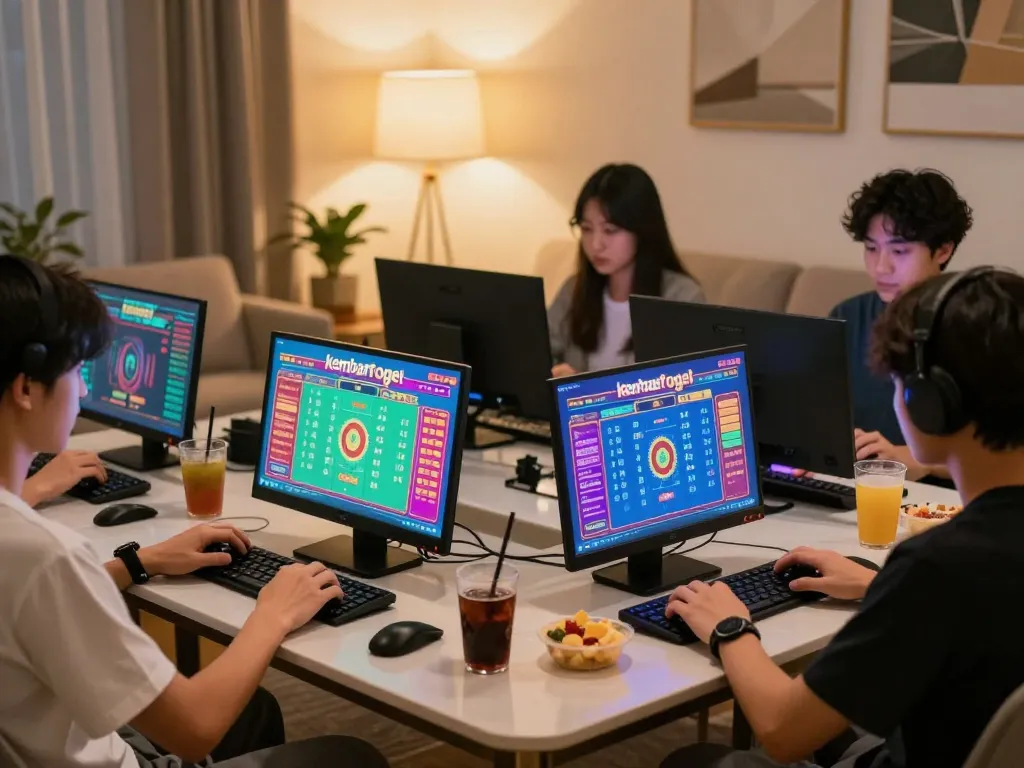 Engaged players enjoying kembartogel in a lively online gambling setup, showcasing vibrant game interfaces.