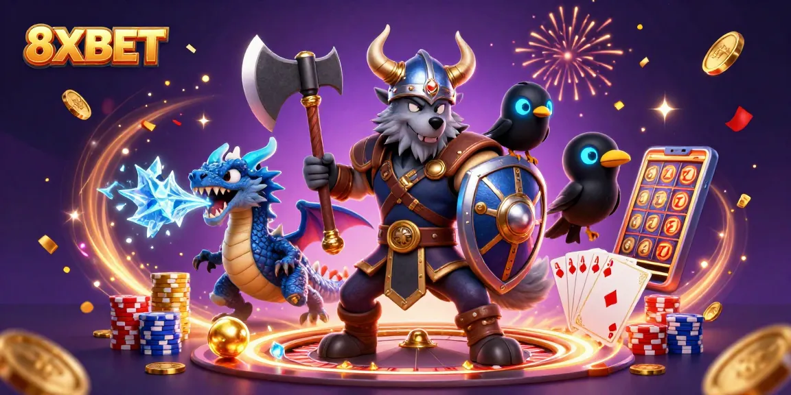 Win big with 8XBET in this vibrant 3D casino illustration featuring a Viking warrior, dragon, and dynamic gaming elements.