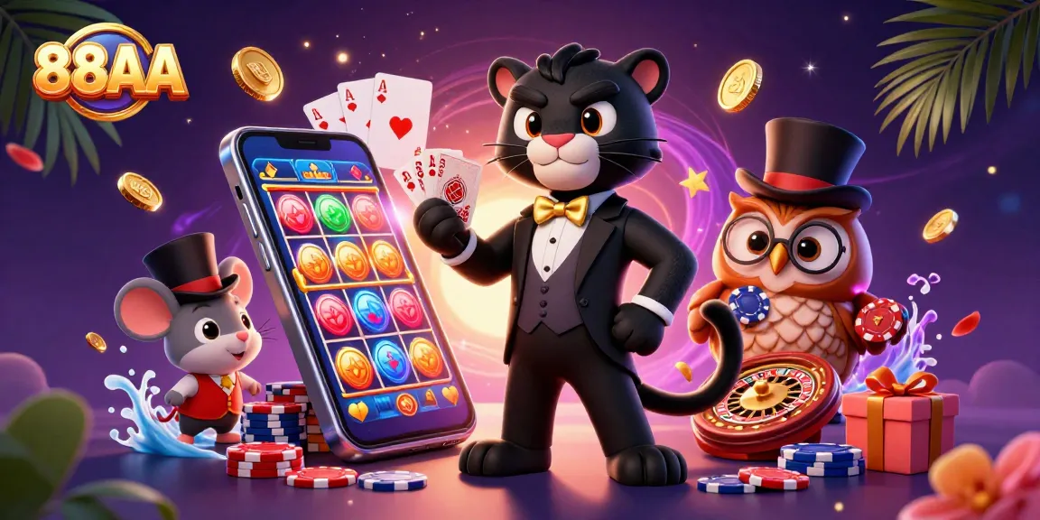 Play exciting casino games with 88AA, featuring stylish characters in a vibrant 3D scene.