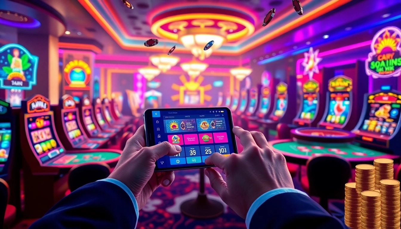 An engaging visual showcasing the online gambling experience at https://lodetructuyen.co/, filled with vibrant casino tables, chips, and mobile app interface for seamless play.
