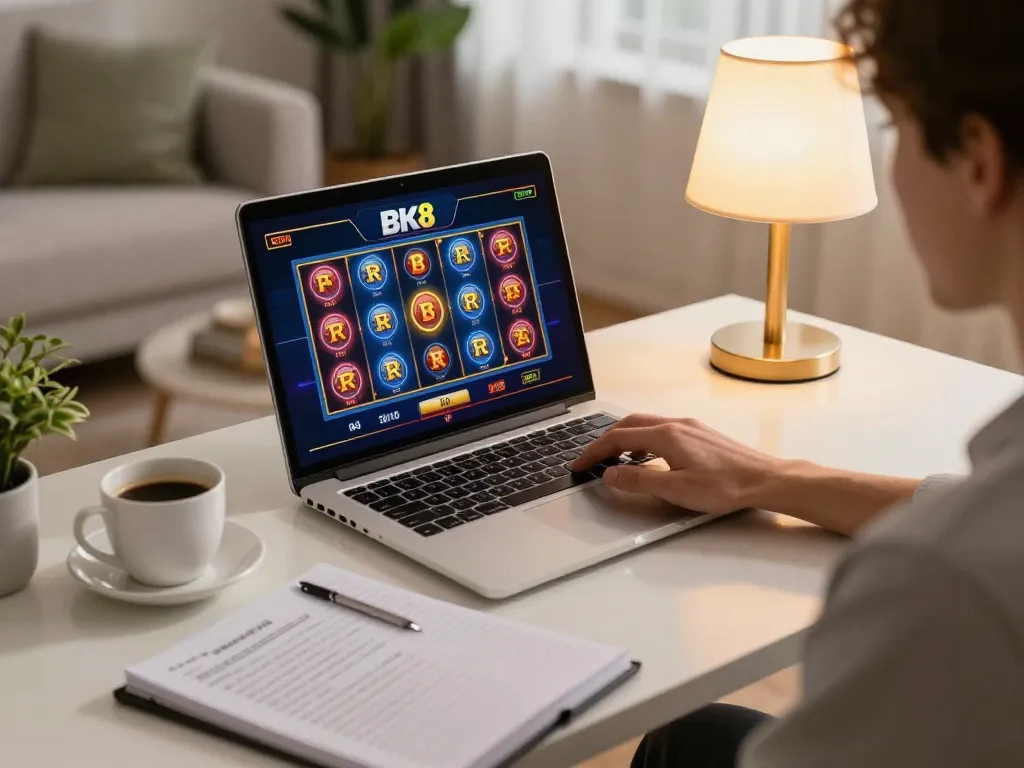 Engaging in BK8 slots from a modern home setup while strategizing bets.