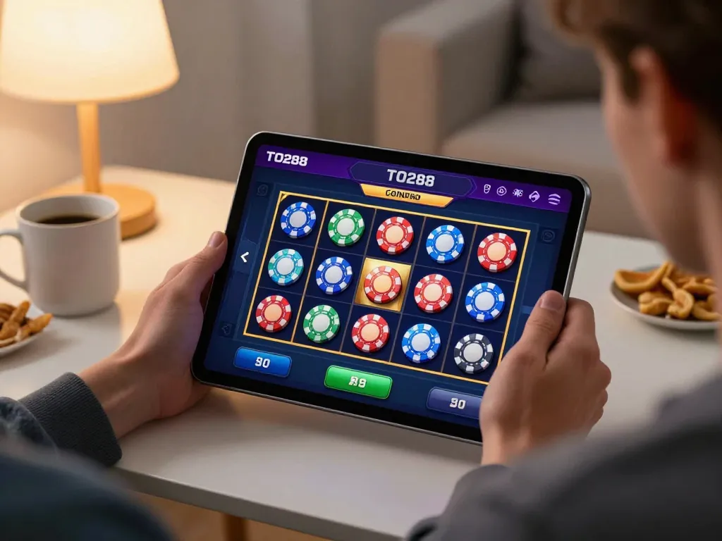 Engaging player using TO288 app on tablet for slot gaming in cozy home environment.