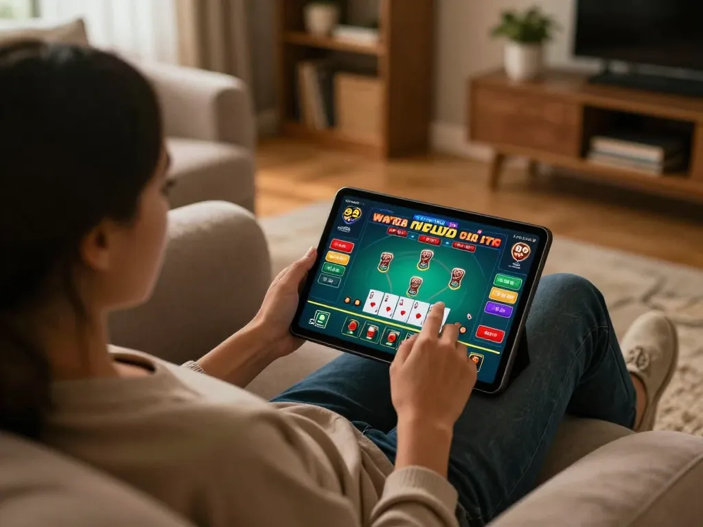 Engaging in blackjack on tablet for 79KING online casino in cozy home environment.