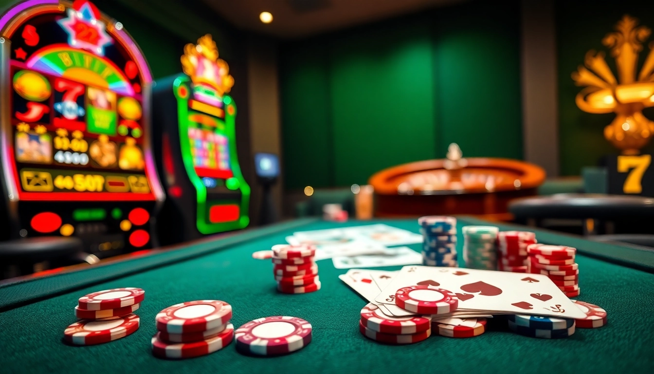 Winning at the exciting 23win casino with vibrant poker chips and dazzling slot machines.