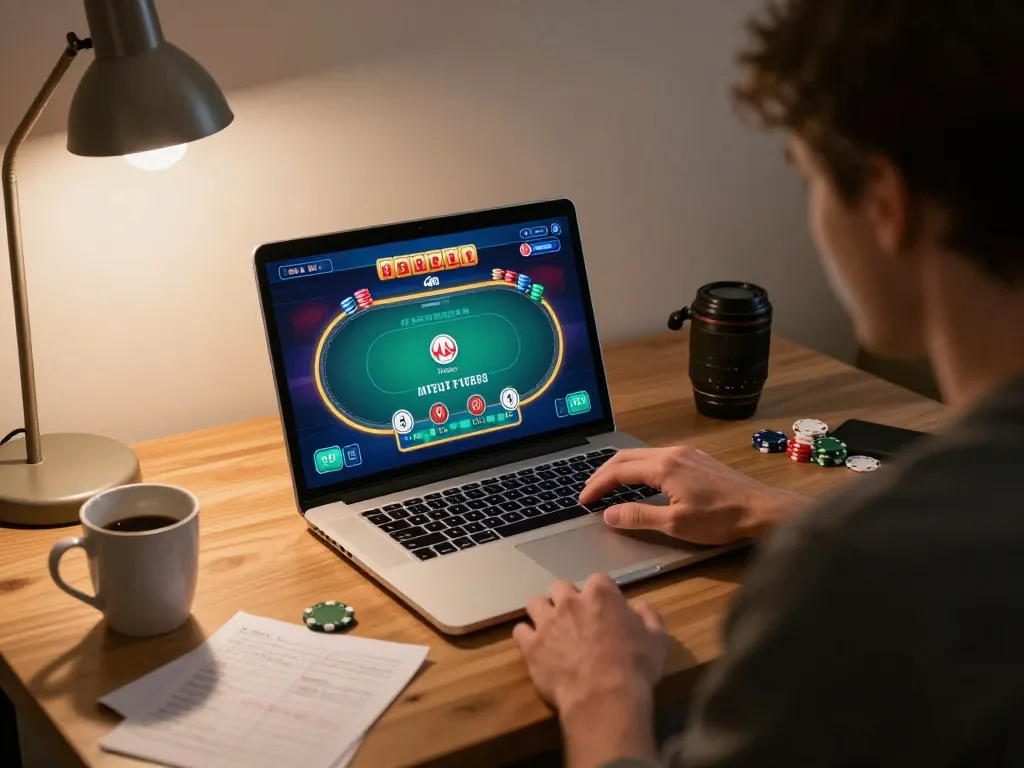 Player experiencing an exciting sc88 poker game on a laptop in a comfy home setup.