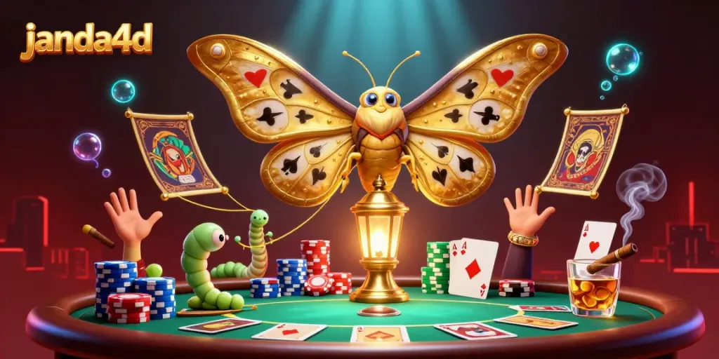 Gambarkan momen beruntung dengan janda4d di meja poker yang penuh dengan chip warna-warni dan karakter menarik.