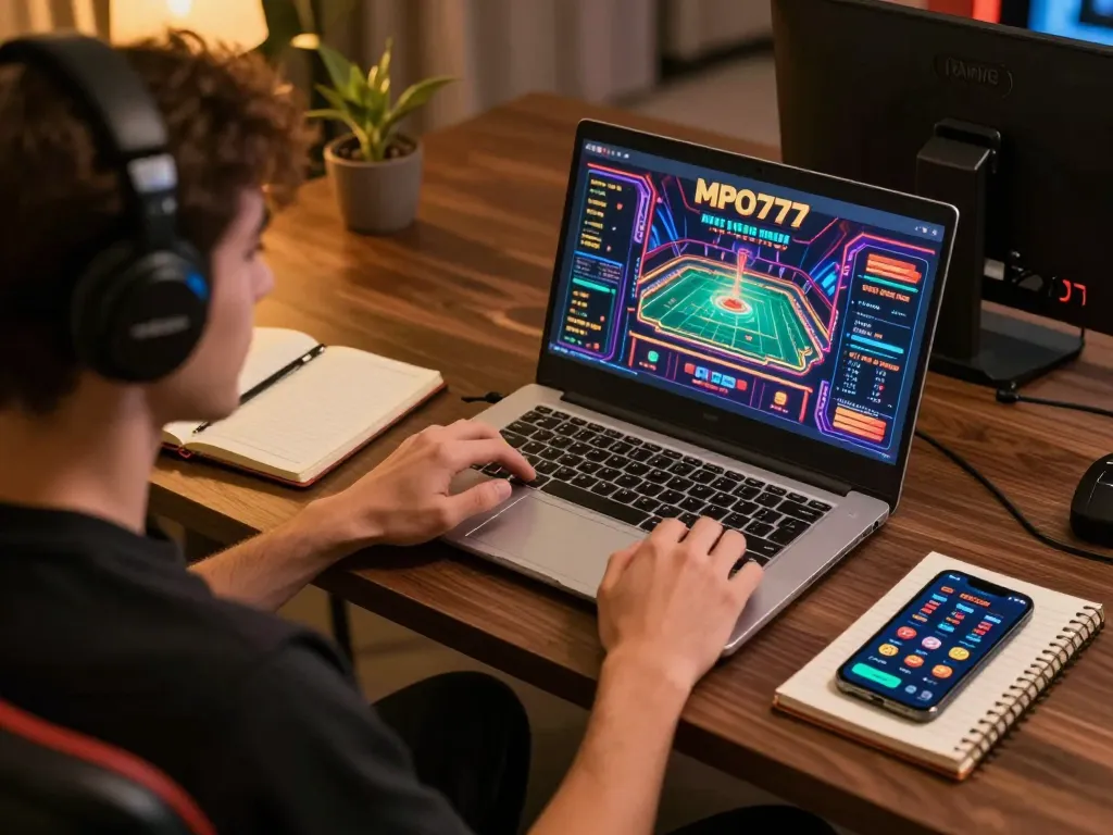 Pengguna MPO777 terlibat dalam strategi permainan online di rumah dengan laptop dan smartphone.