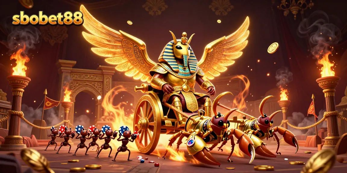 Engage with sbobet88 as you encounter a vivid 3D scene of mythical creatures and casino elements.