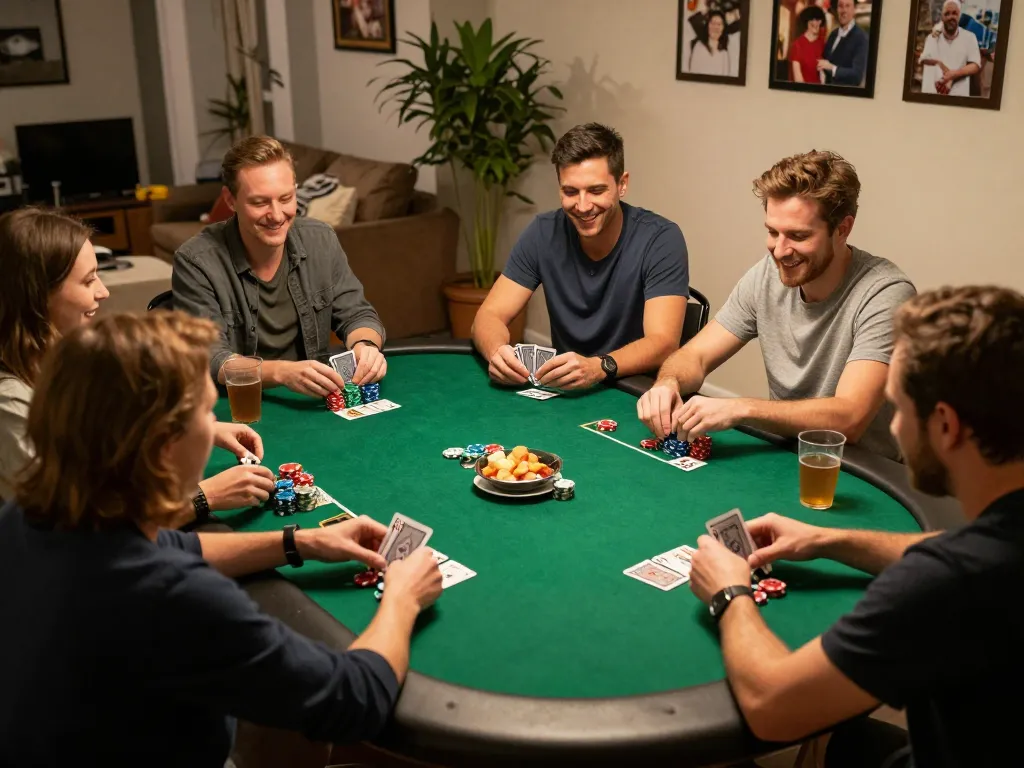 Friends enjoying a lively poker night at home, showcasing strategic gameplay at god55