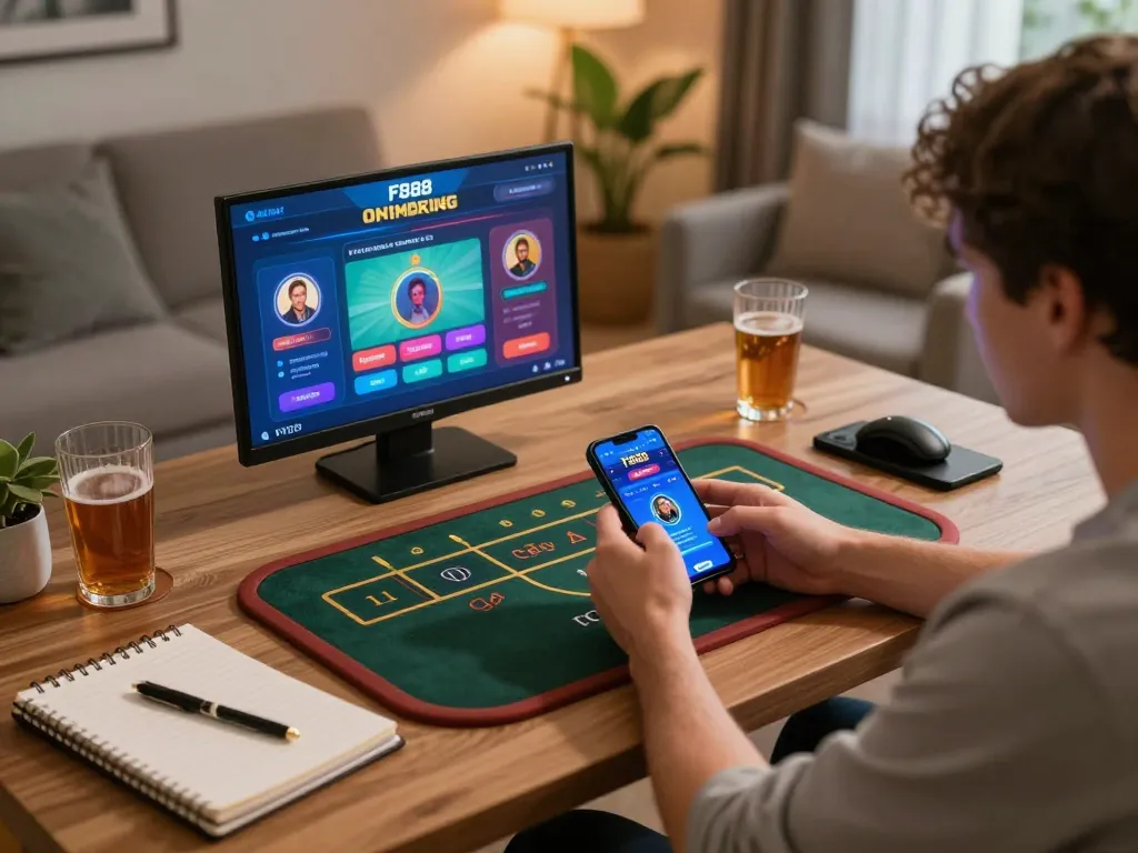 Player enjoying mobile gaming experience on FB88 app, showcasing a cozy home gaming environment