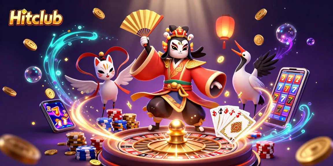 Hitclub showcases a kabuki warrior and a kitsune mask amid dynamic casino elements.