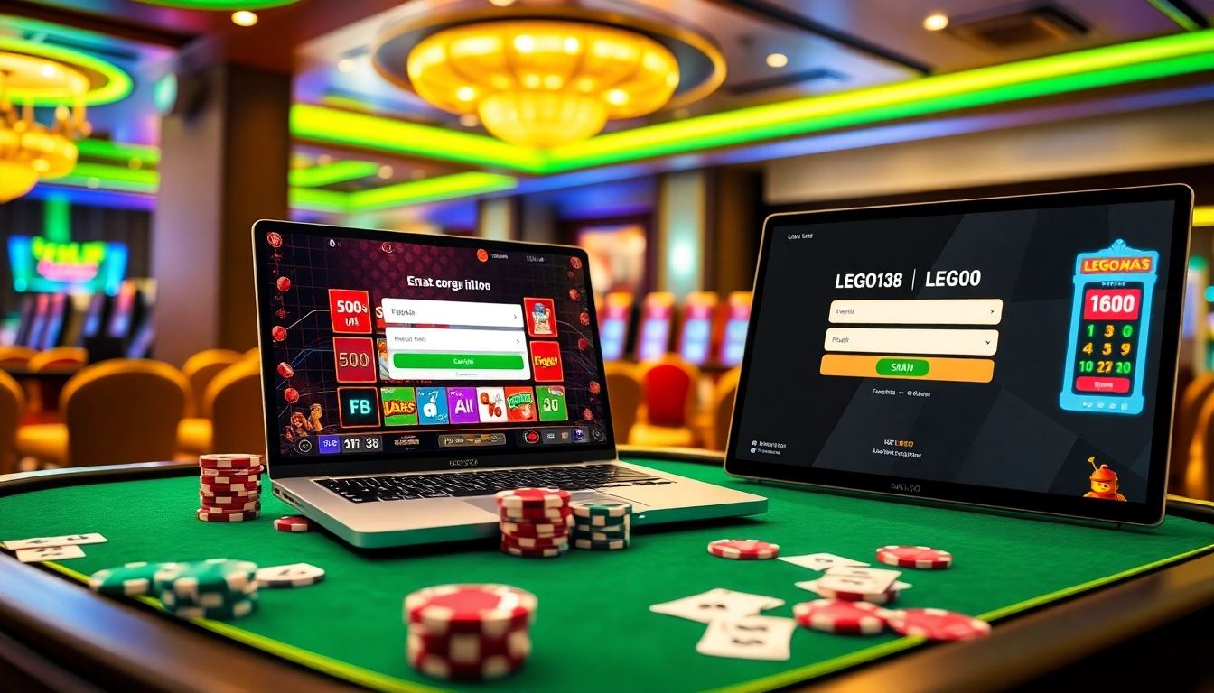 Gambling fun at the LEGO138 login online platform with poker chips and slot machine.