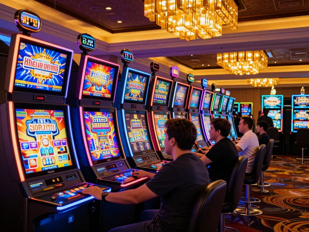 Engaged players enjoying vibrant PGSLOT machines in a luxurious casino environment filled with neon lights.