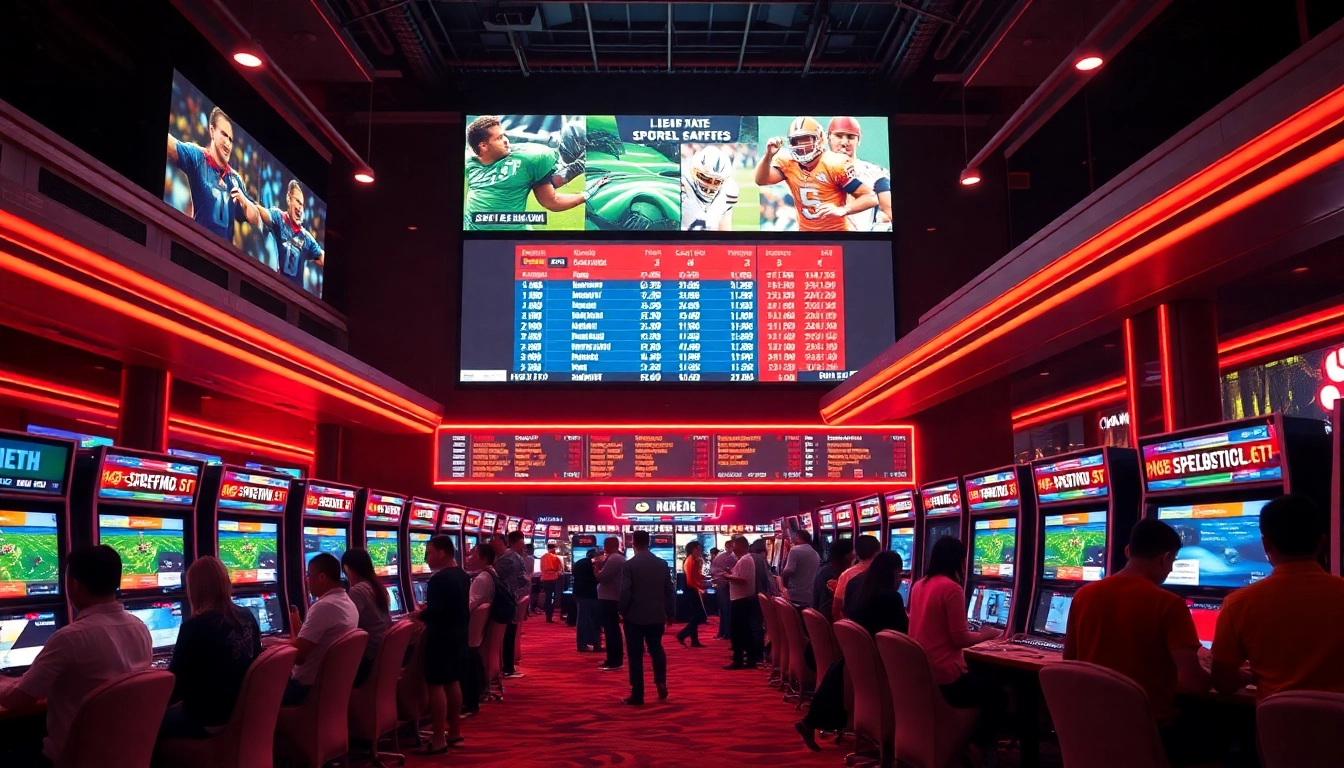 Engaging scene at a Singapore Sportsbetting Site, featuring vibrant kiosks and live game updates.