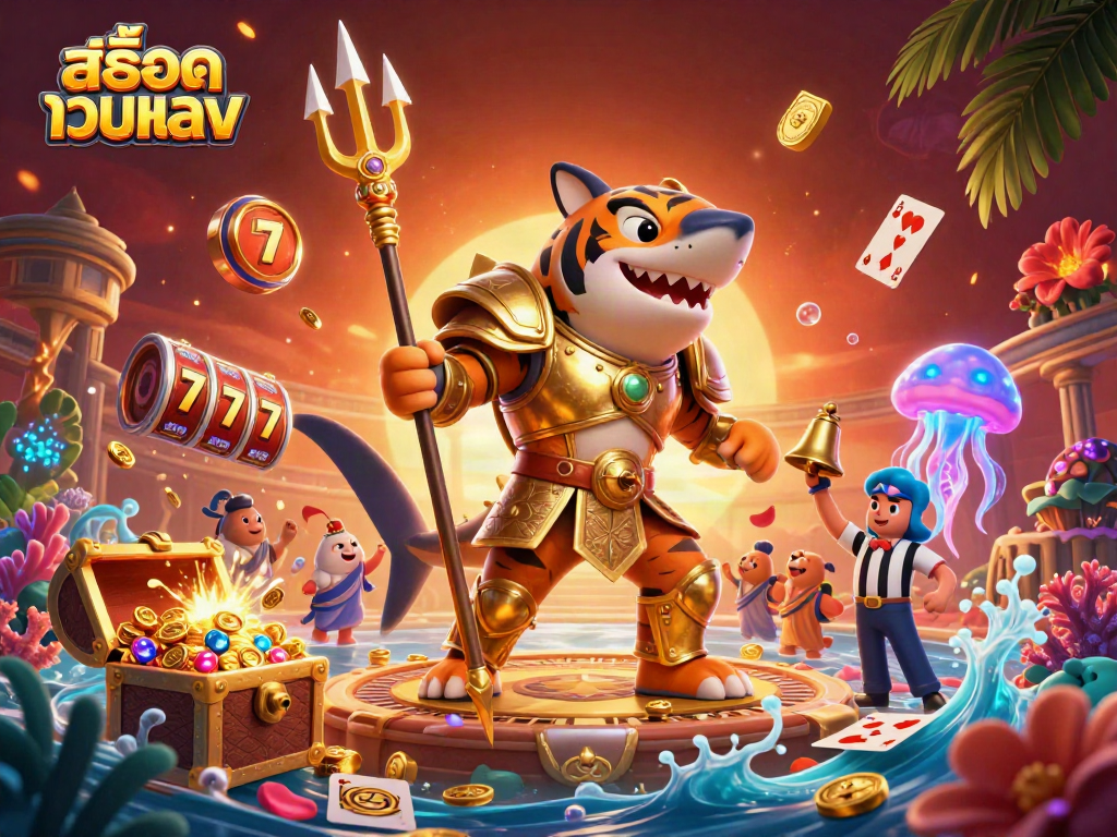 Win big on สล็อตเว็บตรง with an exciting underwater casino illustration featuring a tiger shark!