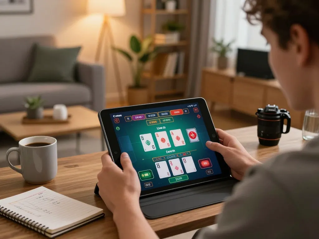 Player enjoying live blackjack on https://rr888.shopping/ tablet at home, showcasing a cozy gaming atmosphere.