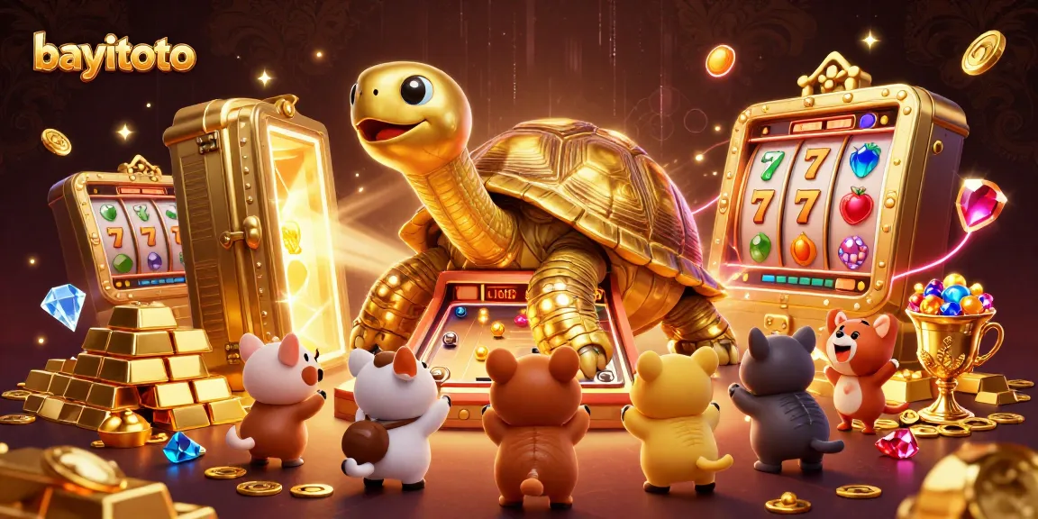 Experience thrilling play at bayitoto with a vibrant casino atmosphere and a golden tortoise character.