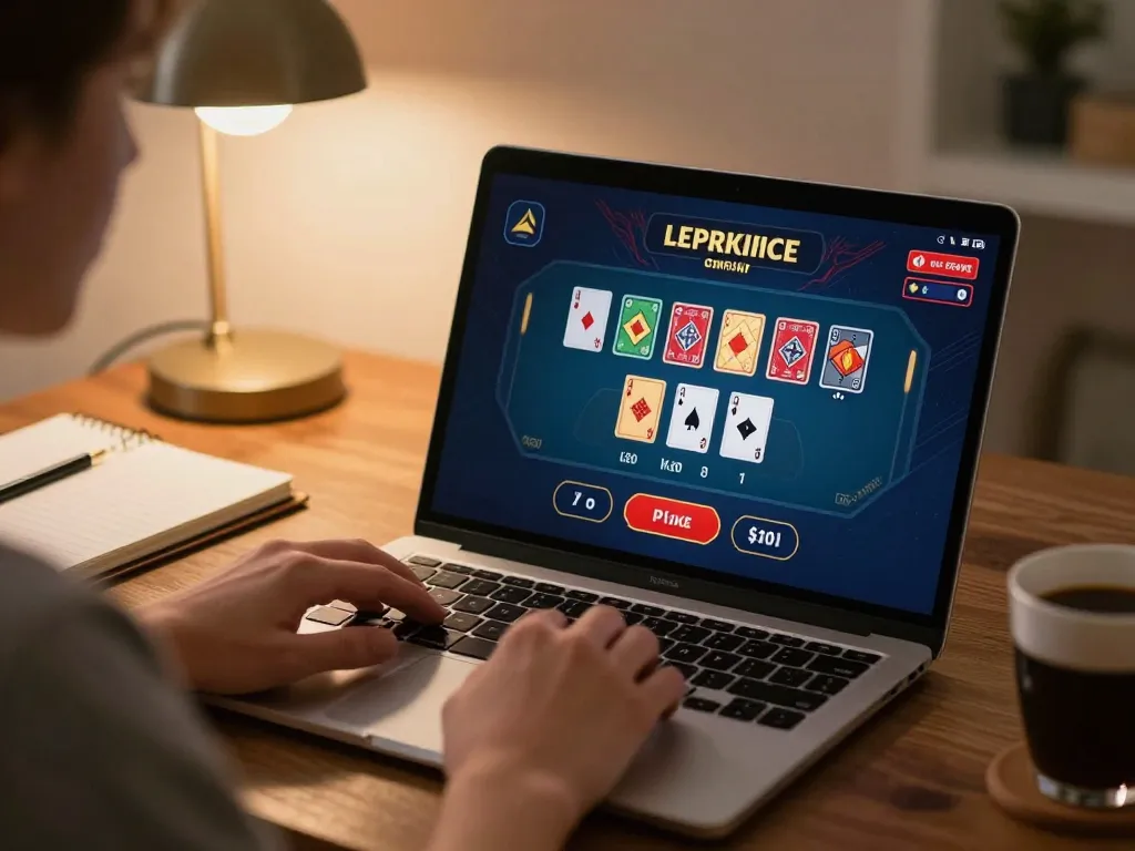 Pengguna Bintangmpo bermain blackjack online, memamerkan permainan strategis dan suasana nyaman di rumah.