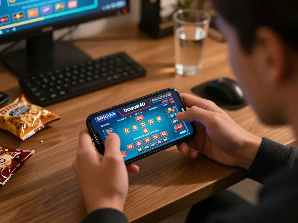Engaging mobile user playing Dinamit4D casino game on smartphone in cozy setting