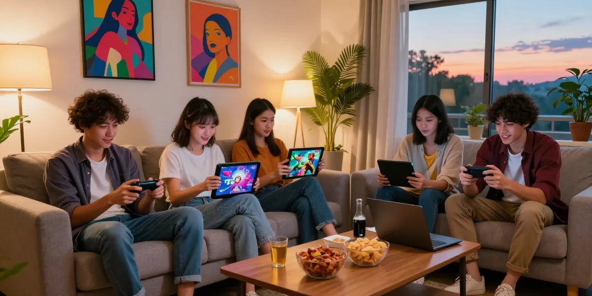 Friends playing hentai games together in a cozy living room setting, enjoying a fun gaming night.