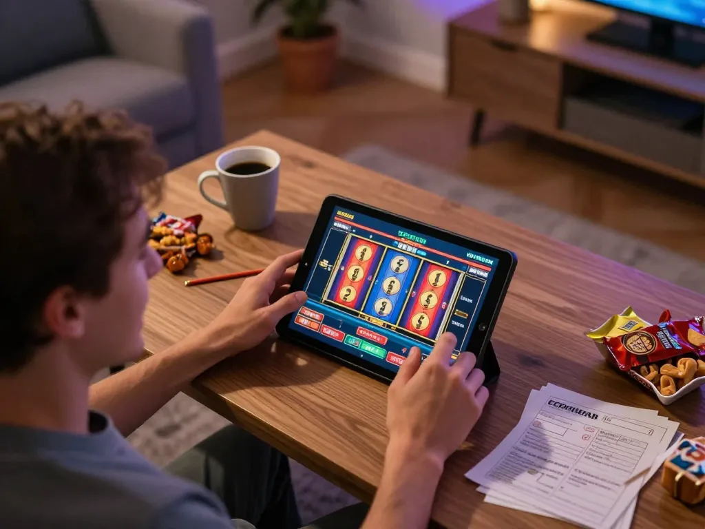 Engaging player enjoying a non UK casino game on a tablet while surrounded by strategy notes and snacks.