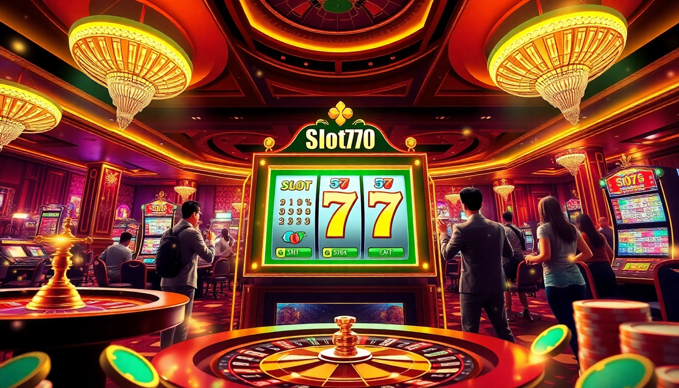 Engaged players winning on the slot777 machine in an upscale casino setting.