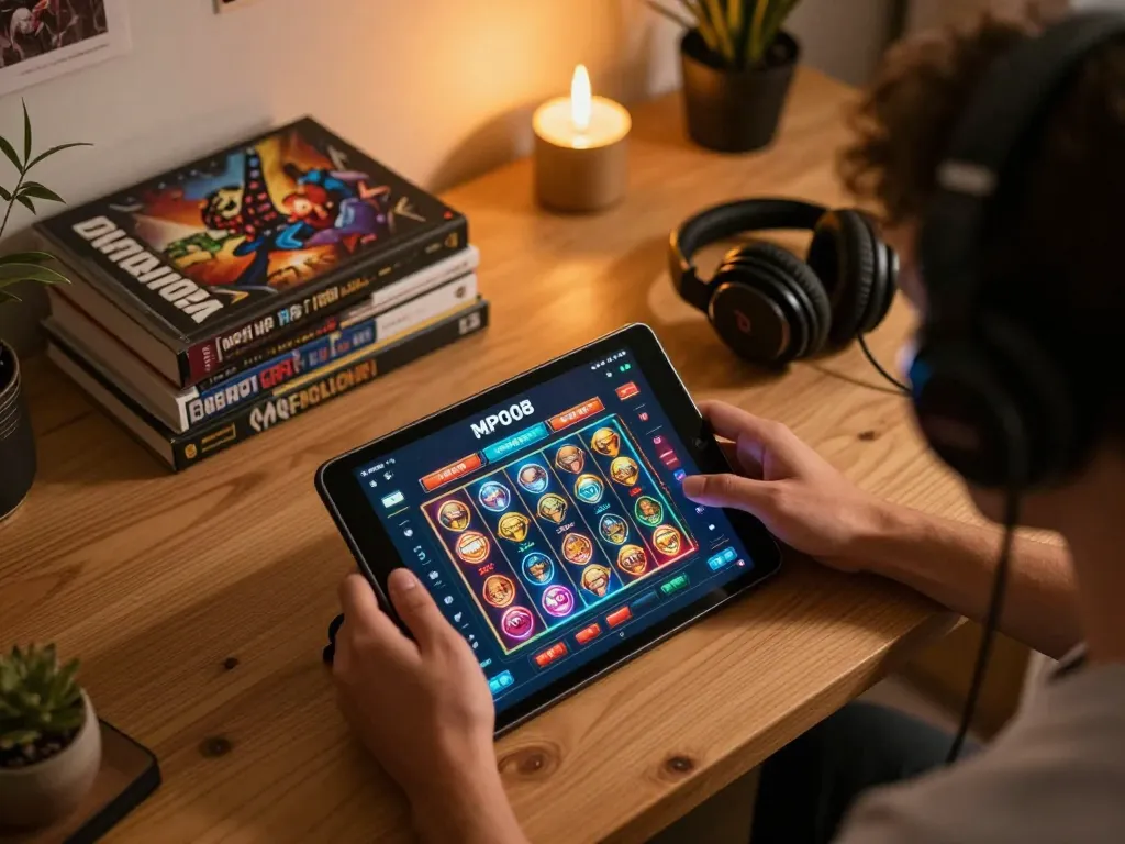 MPO08 user engaging with colorful slot games on a tablet in a cozy home office.