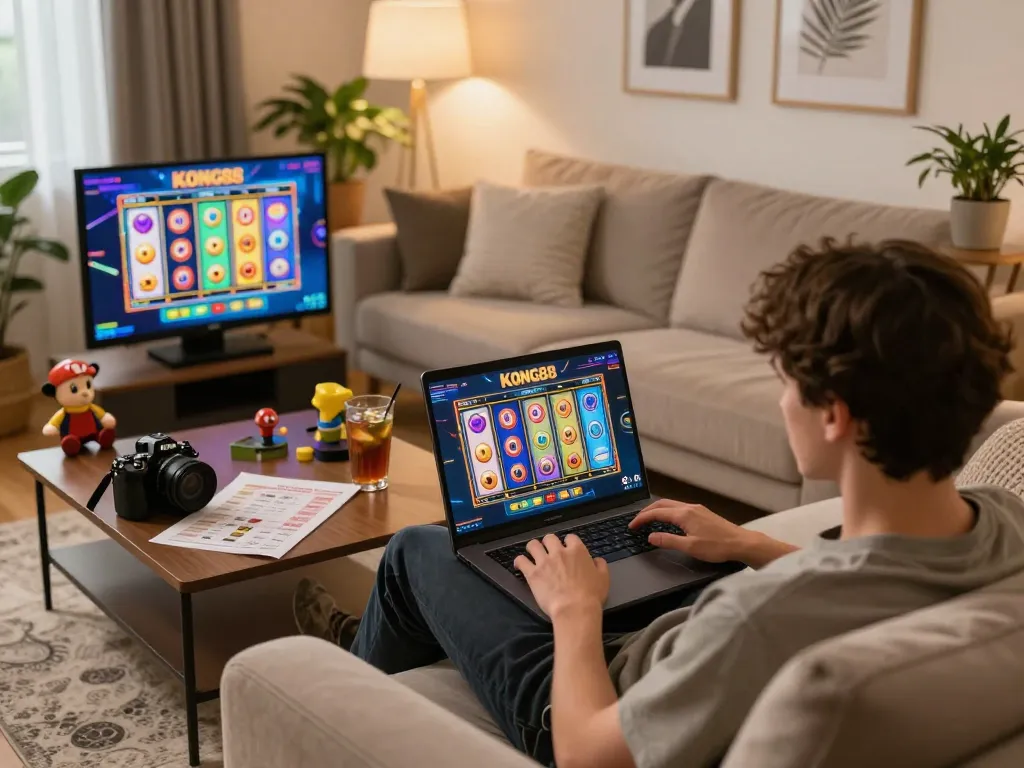 KONG88 player engaging with colorful slot games on a cozy home setup with strategic notes.