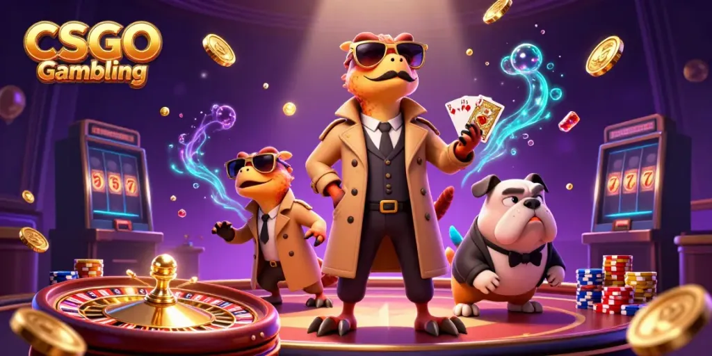 Experience CSGO Gambling with raptors entering a VIP casino lounge filled with golden coins and cards.