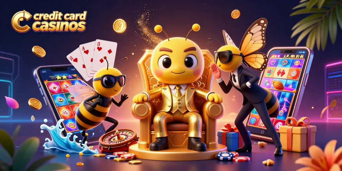 Experience the thrill of credit card casinos with vibrant game elements surrounding a buzzing bumblebee mob boss.
