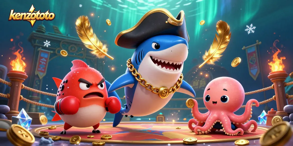 Kenzototo showcases a lively gambling scene with animated characters amidst gold coins and vibrant gaming elements