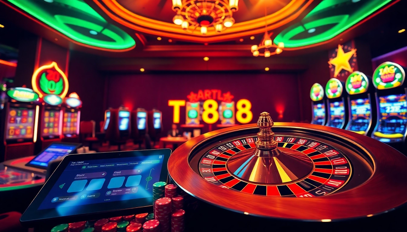 Experience the thrill of TR88 link with vibrant online casino elements, including roulette, slots, and poker chips.