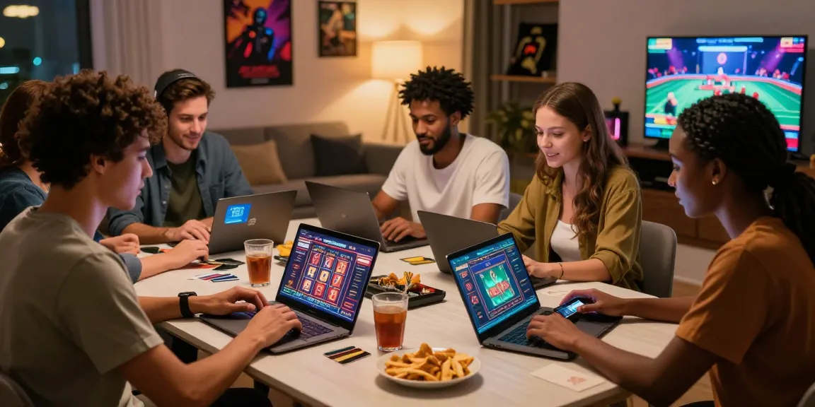 Friends enjoying gaming together while exploring credit card casinos on laptops and smartphones in a cozy living room.