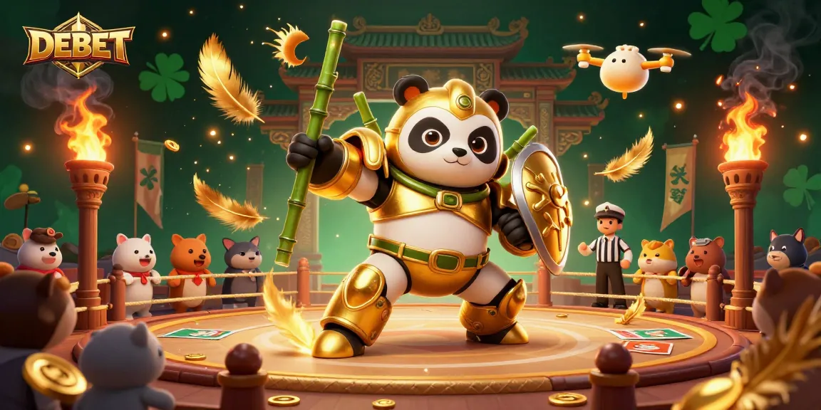 Engage in thrilling betting action with DEBET's vibrant arena, featuring a golden panda in battle.