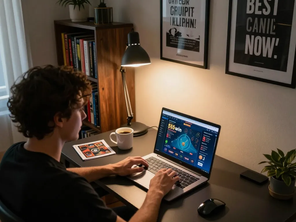 Engaged player analyzing games on 555win platform from a stylish home office.