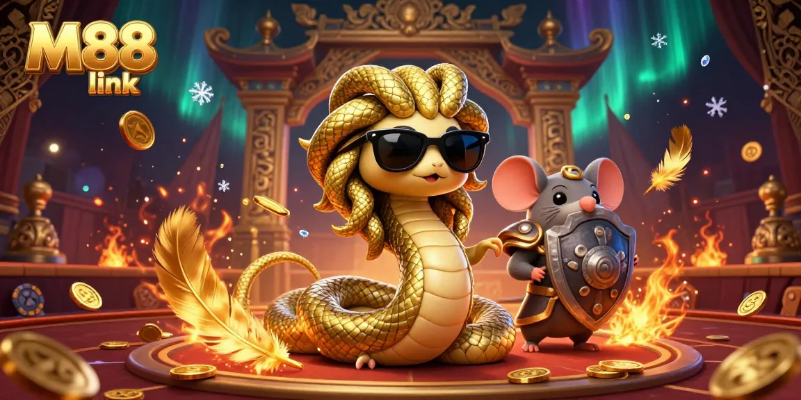 Experience M88 link's thrilling casino environment featuring Medusa and a stone mouse warrior amidst dynamic elements.