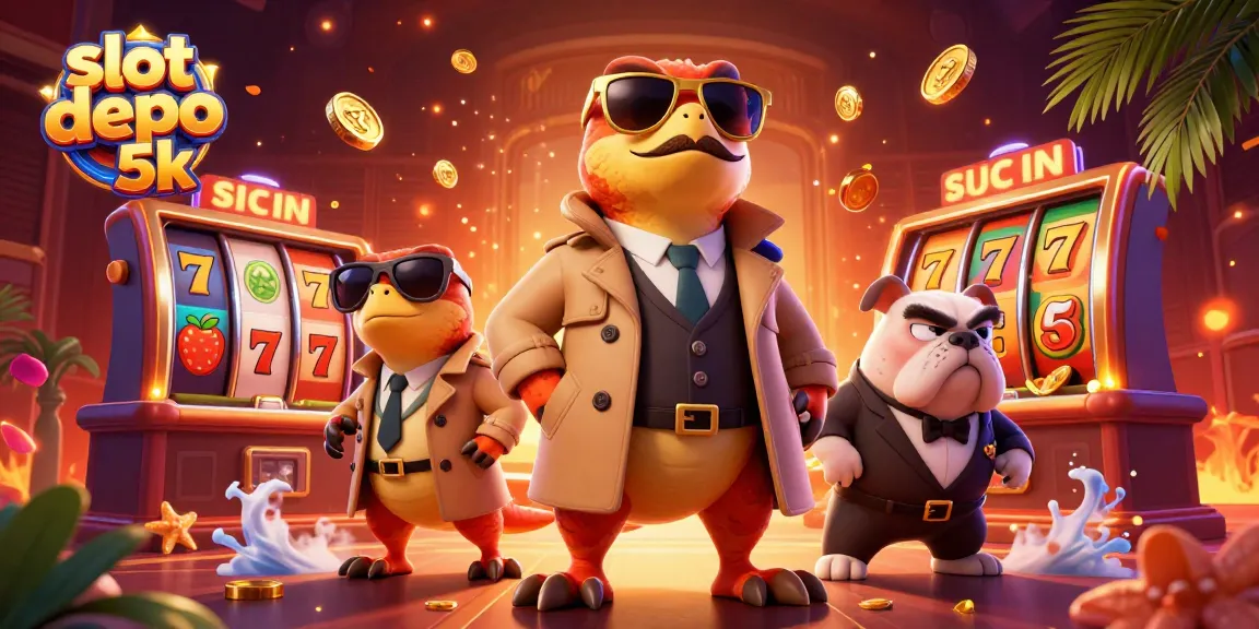 Slot depo 5k menghadirkan ilustrasi kasino yang penuh warna dan elemen menarik.