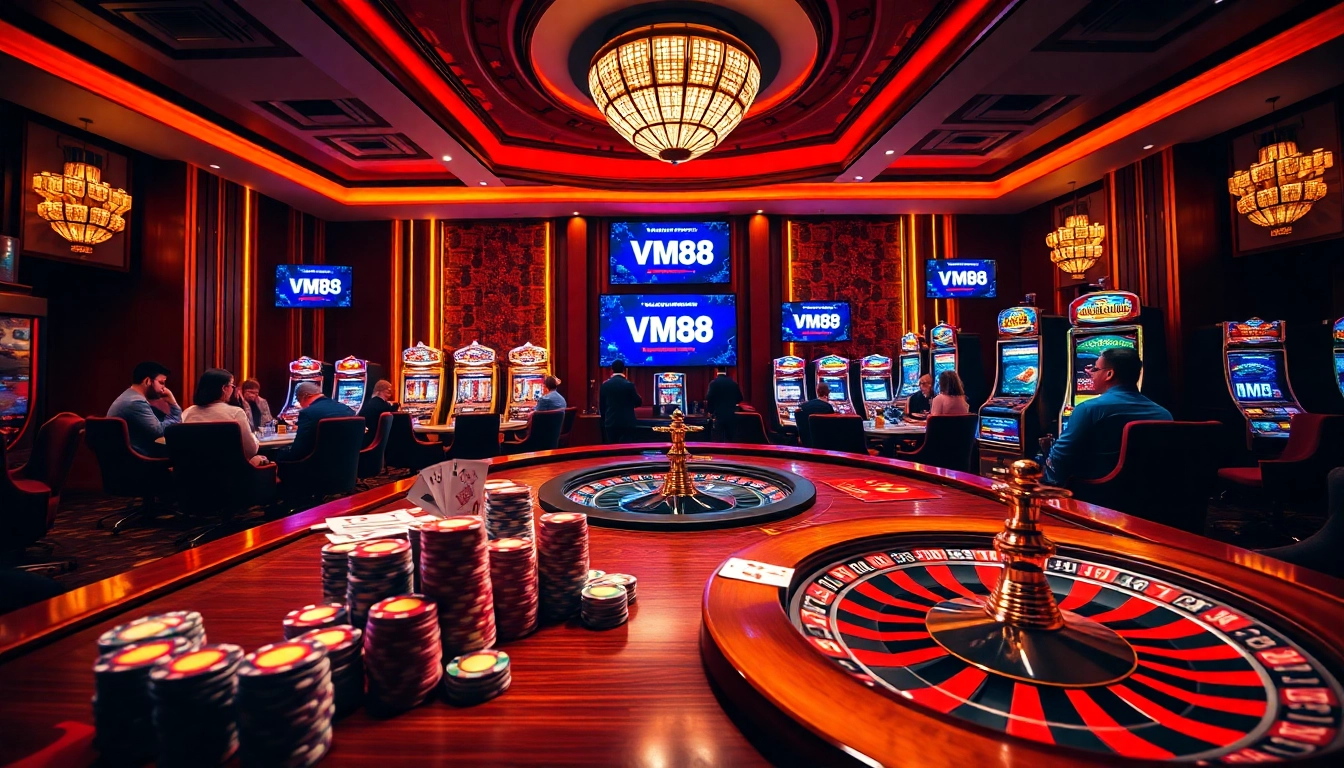 VM88 showcasing professional casino betting with competitive odds and strategic poker chip stacking