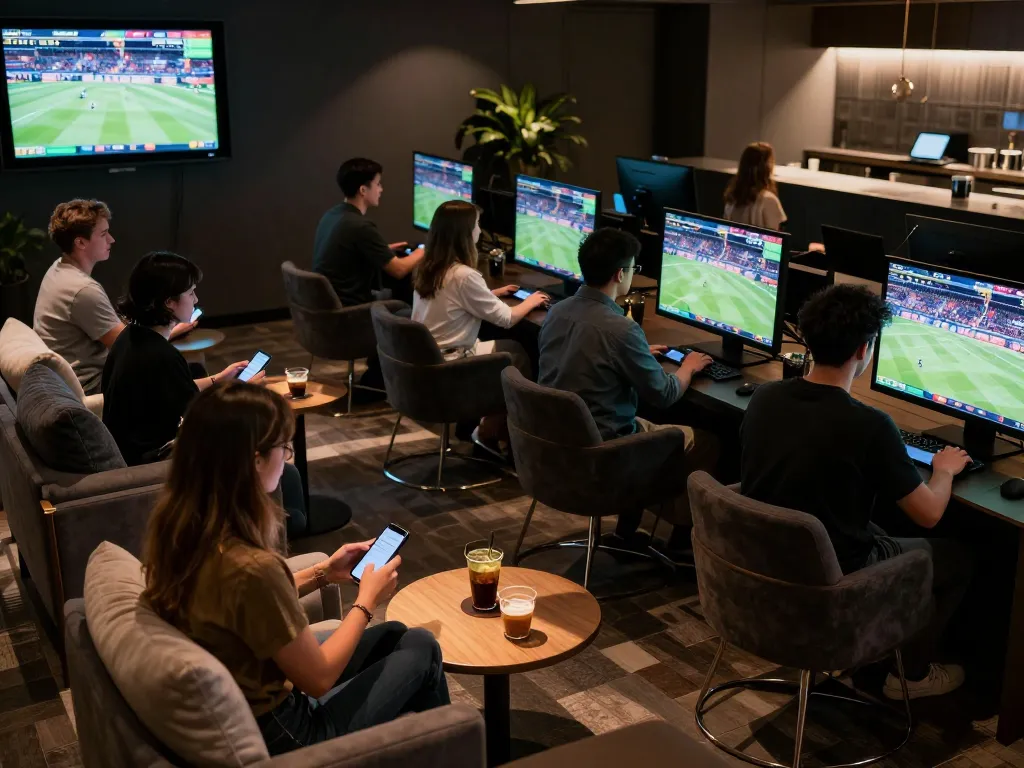 Engaged bettors in the vk88 sports betting lounge watching live events and placing bets.