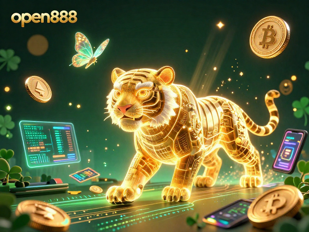 Explore the vibrant digital casino world with open888, featuring a neon tiger and crypto elements.